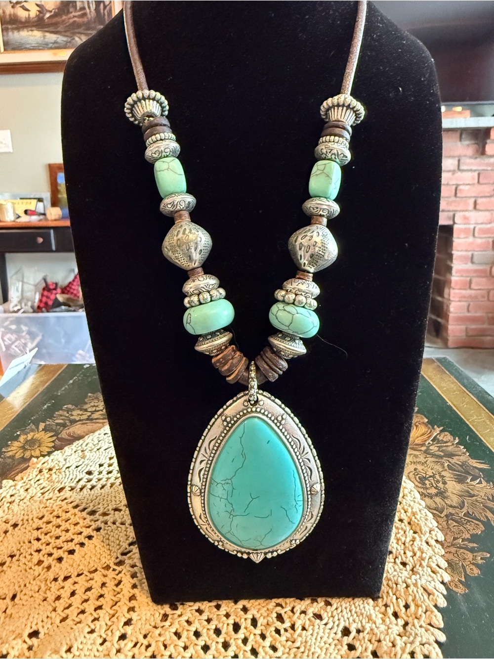 Chico's Turquoise Teardrop Statement Necklace with Silver Accents